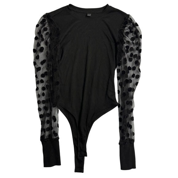 SHEIN Tops - Shein Black Bodysuit Top Polka Dot Mesh Puff Long Sleeves Ribbed Womens‎ Medium